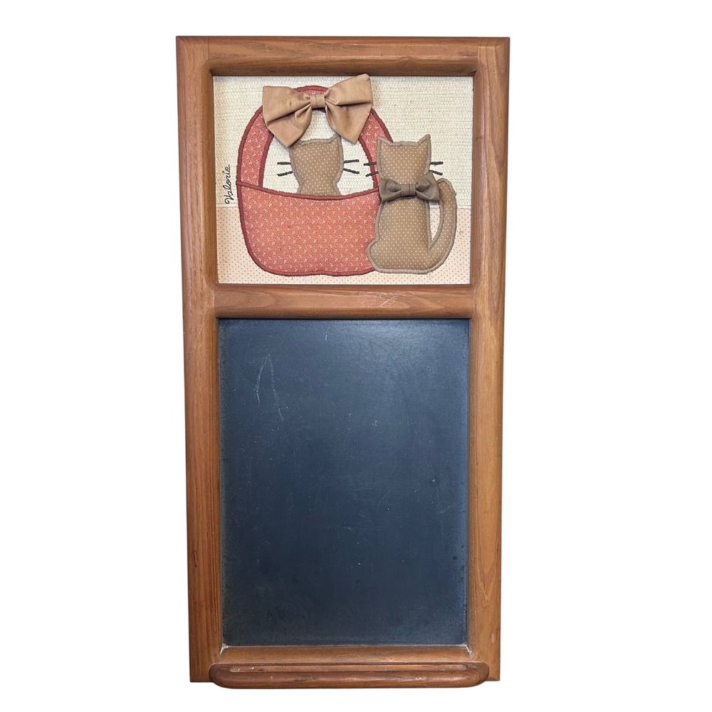 Vintage 1983 Folk Art Quilted Cats Wood Frame Chalkboard 24x12 Cottagecore